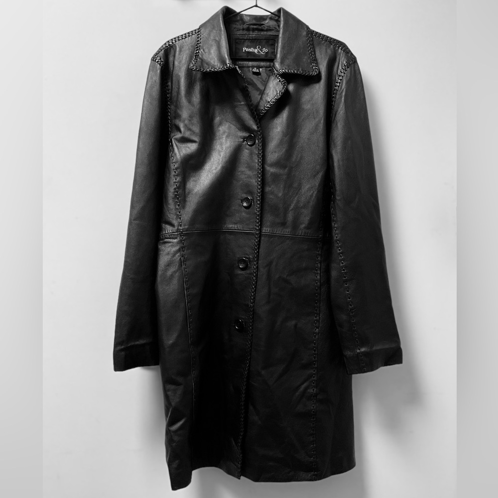 🔥Stylish Pasha & Jo Braid Accented Long Black Leather Button Down Jacket!